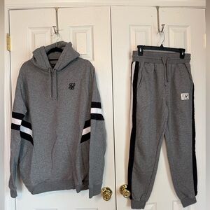 Gray Hoodie and Joggers Set with Black and White Stripes